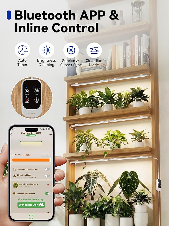 GLOWRIUM Smart Grow Lights for Indoor Plants with APP, 15" Full Spectrum Grow Light Strips, G6 Plant Light Strip with auto Timer, 3 Angle dimming Levels for Plant Shelf, 4-Pack (White, 32W)