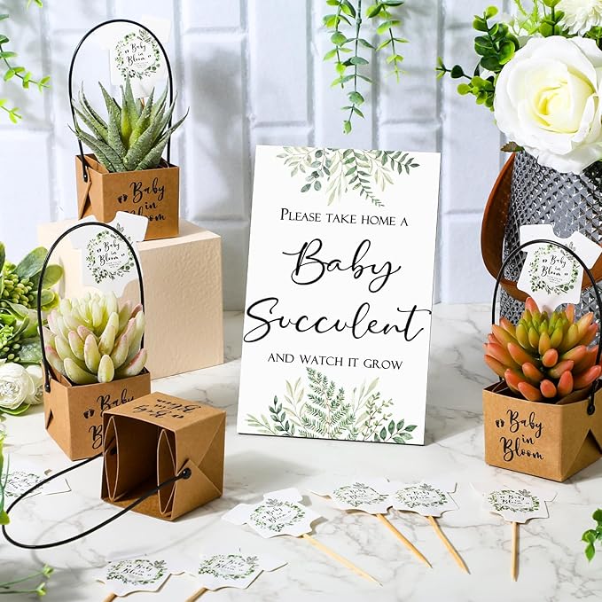 Geetery 101 Pcs Succulent Baby Shower Party Favors for Guests Include 1 Wooden Table Sign 50 Kraft Succulent Pots and 50 Tags for Baby Shower Party Gifts(Greenery)