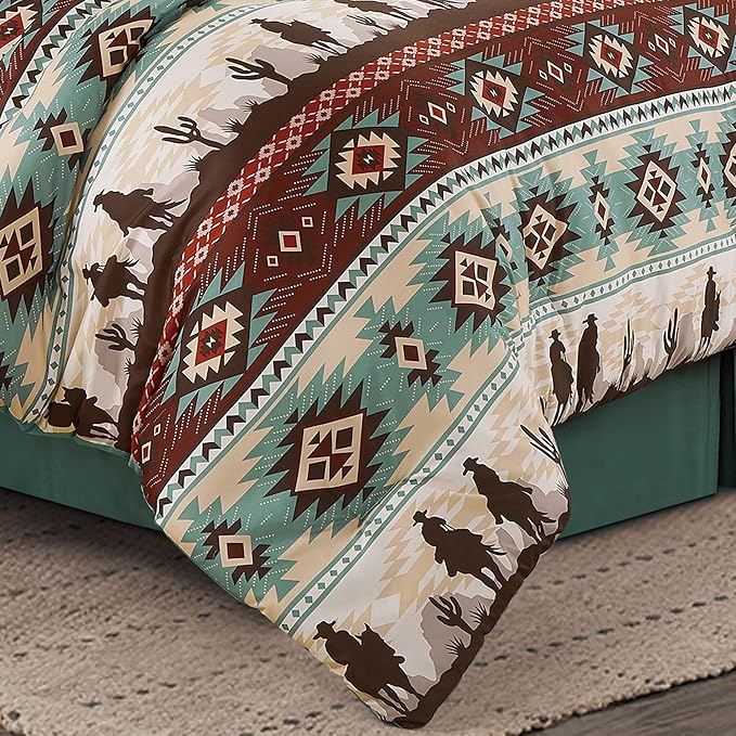 Chezmoi Collection Audun 3-Piece Southwestern Cowboys Aztec Comforter Set - Multicolor Teal Brown Beige Tan Red Printed Washed Microfiber Bedding, King Size