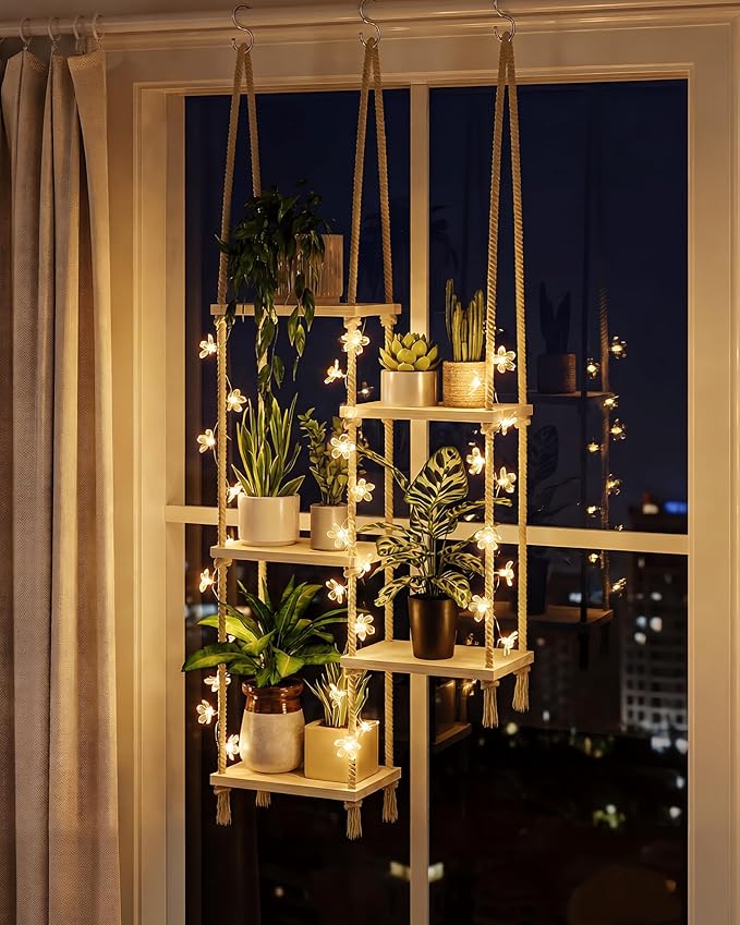 Bamworld Hanging Shelves with Grow Light Plant Hanger Indoor Window Plant Shelves Wood Plant Wall Shelf Window Sill Plant Shelf Indoor Hanging Plant Stand Living Room Decor Garden Boho Decor