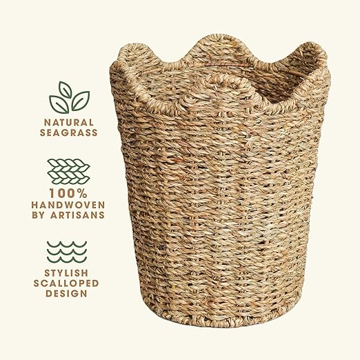 84ECO 2-Pack Scalloped Seagrass Waste Baskets for Bathroom, Bedroom, Office - Scalloped Decor
