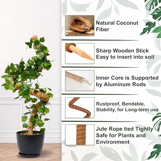 2-Pack 48'' Bendable Moss Poles for Monstera & Climbing Plants – Flexible Trellis Plant Support Stakes with Accessories – Indoor & Outdoor Use