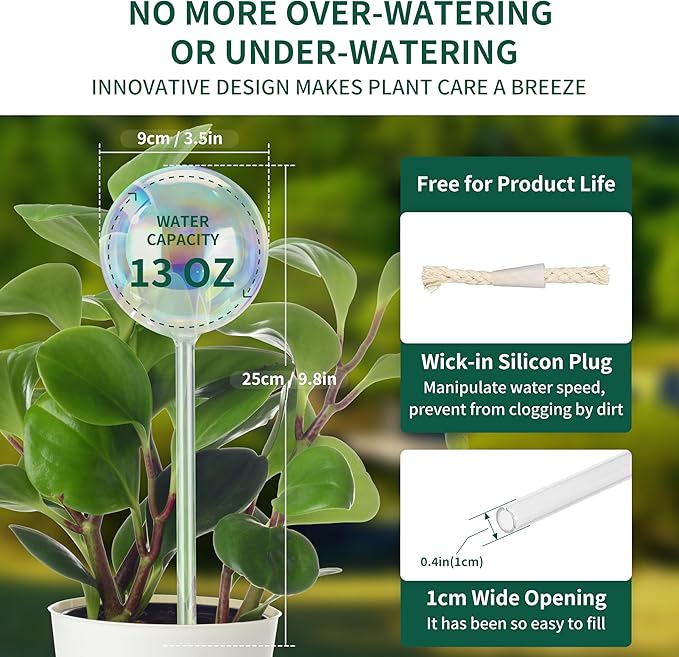 Soilagua 13 oz Up to 2 Weeks Extra Large Plant Self Watering Globes, Light Iridescent Glass Water Bulb Indoor, Plant Waterer Self-Watering Stakes, Perfect Gardening Gifts, 4 Pack