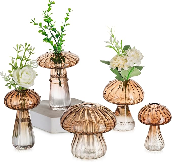 Glasseam Amber Glass Mushroom Vase: Cute Small Flower Vase Set of 5 Unique Mini Bud Vases for Centerpieces Decorative Vases for Flowers Funky Plant Vase Decor