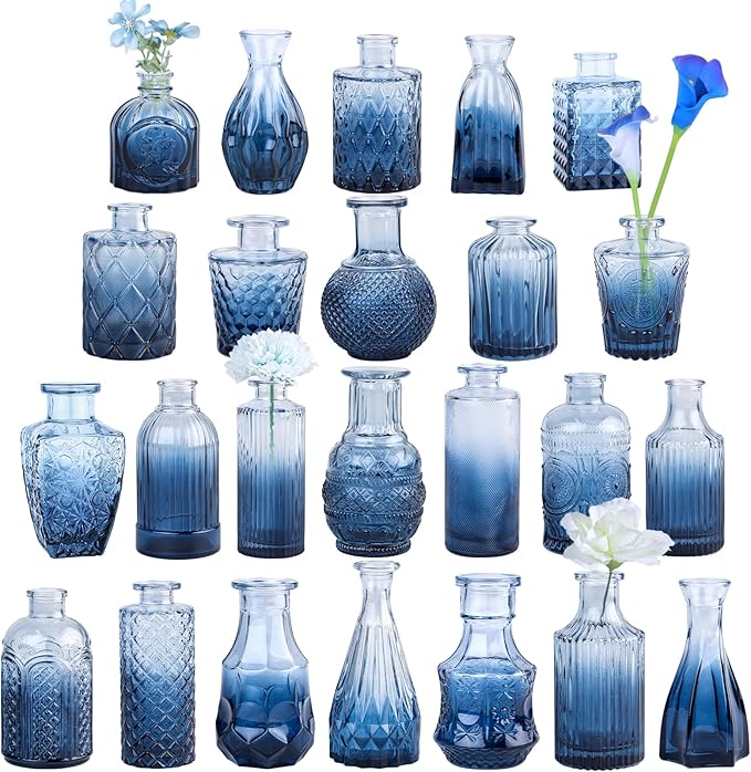 TBWIND 24Pcs Blue Glass Bud Vases Set, Small Vases for Flowers, Perfect for Centerpieces at Parties, Baby Showers, Weddings, Events, Graduation Season, Great Gifts for Office & Home Décor
