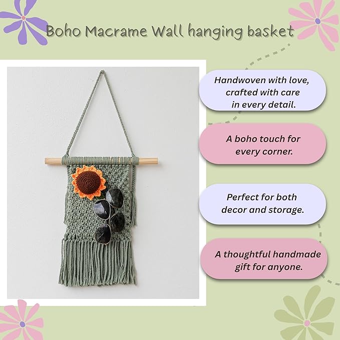 BIMIVAN Macrame Wall Hanging Basket Decor - Boho Wall Basket Decor - Large Wall Art - Mail Organizer Wall Mount - Key And Letter Holder For Wall - Sage Green 13 x 15 inches