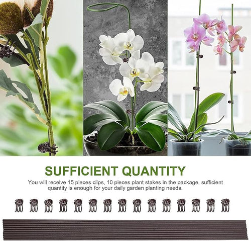 10PCS Garden Metal Plant Stakes with 15PCS Vine Fixing Clip Set, 15.75inch Tall Single Stem Flower Stakes, Bendable Plastic Coated Garden Plant Stakes Holder for Amaryllis Orchid Lily Rose(Brown 40cm)
