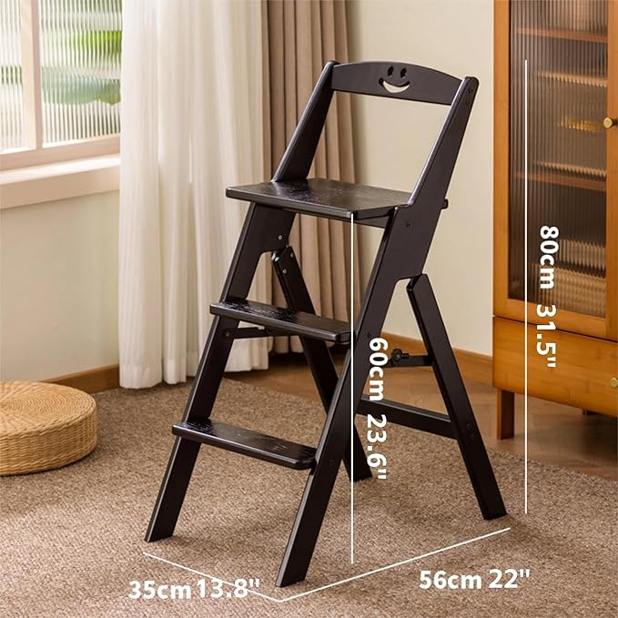 Foldable Wooden 3 Step Ladder and Stool Chair 2 in 1 (Black)