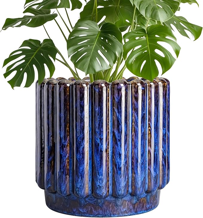 Ceramicfor Ceramic Planter - 9.6 Inch Ceramic Plant Pots Indoor Outdoor, Round Flower Pots with Drainage Hole, Large Fluted Modern Planter, Room Home Bedroom Decor, Plant Lover Gifts, Blue