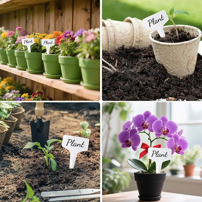 500 Pack Plant Labels T-Shape, 4 Inch Potted Plant Name Tags Plastic, Seedlings Seed Markers Nursery Plant Stake Tag with Marking Pen for Outdoor Indoor Garden Patio Flower Vegetable, White