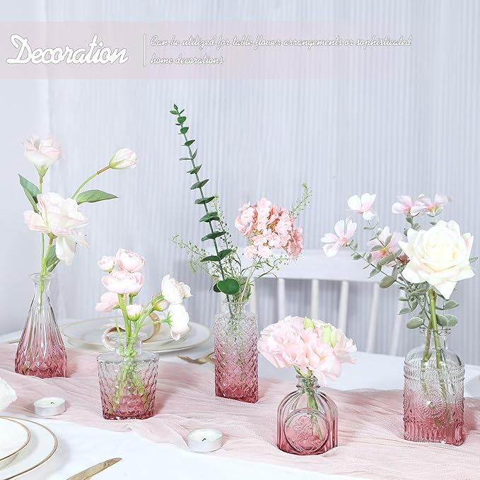 TBWIND Pink Day Glass Bud Vase Set of 5, Small Flower Vases for Centerpieces in Bulk, Mini Vintage Vase for Wedding Decor, Single Flowers, and Home Table Décor