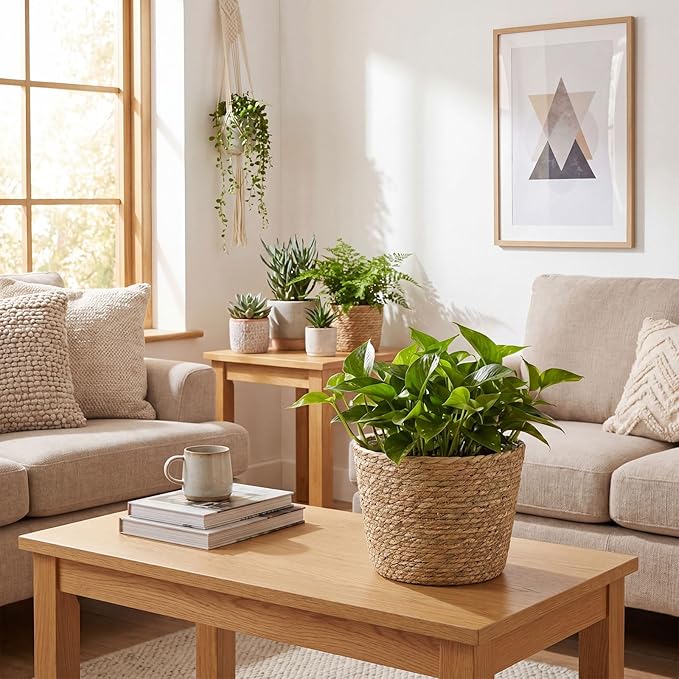 4 Pcs Straw Plant Baskets Indoor Rattan Woven Flower Baskets with Plastic Liner, Cattail Plant Planter for Indoor Outdoor Rustic Boho Home Farmhouse Floor Potted Pots Decor