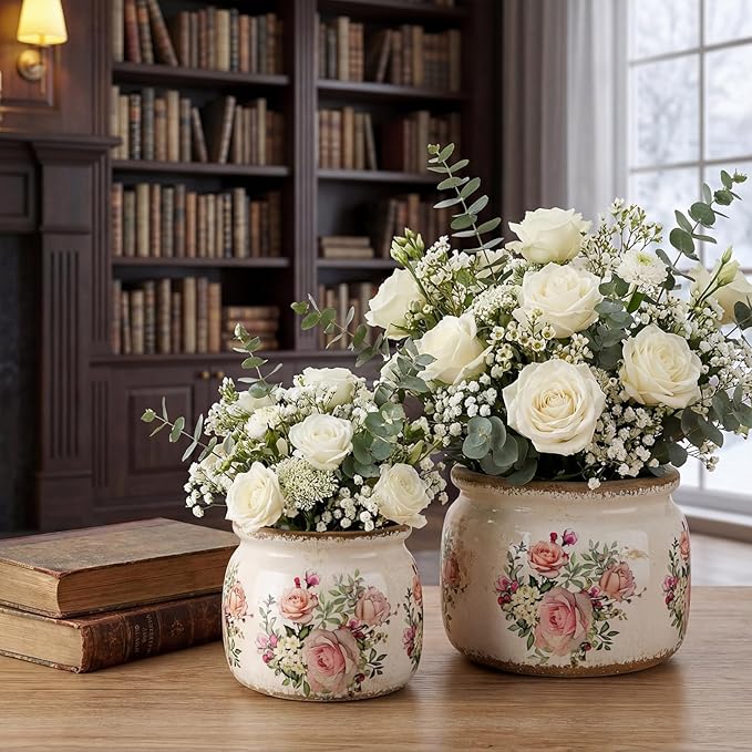 2 Pcs Vintage Planter Ceramic Plants Pot with Drainage Ice Crack Scroll Flower Vase Pot for Indoor Outdoor Plants Home Kitchen Decor Gifts(Country Rose,7.7" & 5.9")