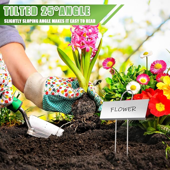 Maitys 38 Pcs Metal Plant Labels Garden Markers Outdoor Weatherproof 10.6 Inch Stainless Steel Nursery Tags Reusable Bulk with Pens for Flower Fruit Vegetable Seedling (Silver Label with Black Ink)