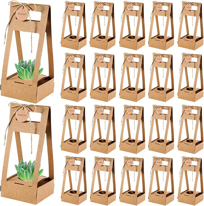 AmazingSpark 24 Pcs Succulent Wrap Bags with Thank You Cards Bulk - Mini Kraft Paper Succulent Gift Box for 2 Inch Pots for Party Favors, Baby Shower, Guests Plant Lovers Gifts (Classic)