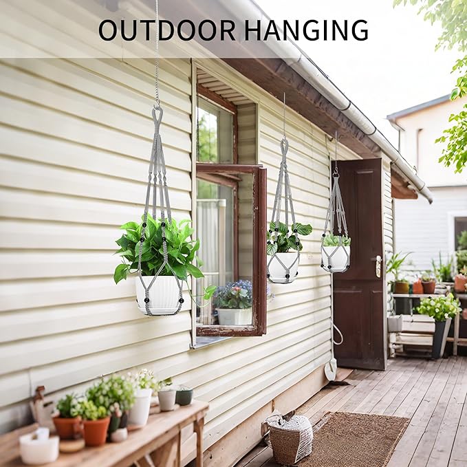 Macrame Plant Hanger - Fits 4 to 13 inches Pots for Indoor Outdoor, 35"/29"/23" Different Sizes Set, Gray (POTS NOT Included)