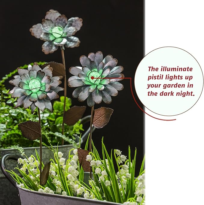 CEDAR HOME Galvanized Floral Garden Stake Outdoor Glow in Dark Plant Pick Water Proof Metal Stick Art Ornament Decor for Lawn Yard Patio, 4"W x 1.5"D x 13.8"H, 3 Set