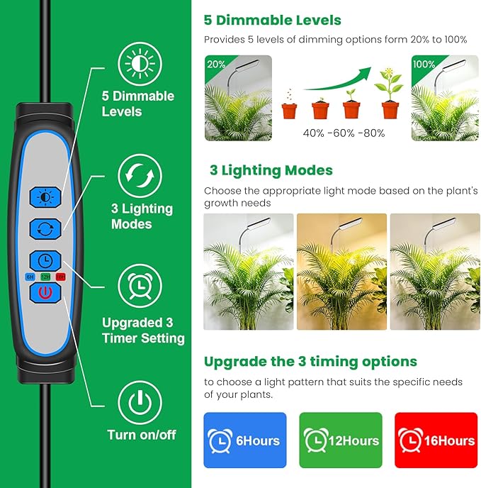 Plant lights for indoor Growing, 306 LEDs Full Spectrum Grow Light for Indoor Plants, 10-65in Height Adjustable for Growing Large Plants, 6/12/16 Timer,5 Dimmable Levels, 3 light Modes.2 Pack