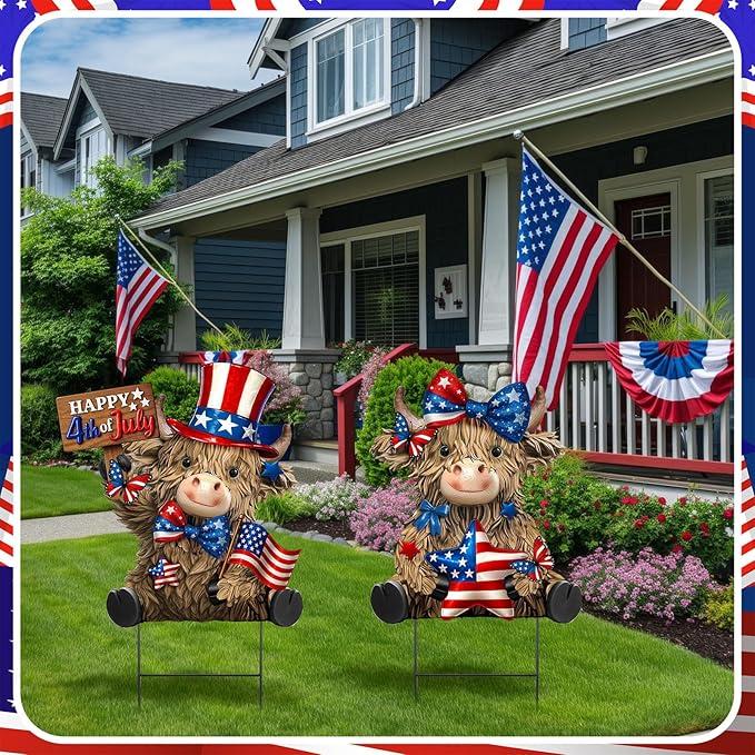 Amyhill 2 Pcs 4th of July Metal Outdoor Decor Garden Stakes Patriotic Highland Cow Welcome Yard Signs Decorations Red White Blue Garden Stakes for Independence Memorial Day Patio Lawn Walkway Outside