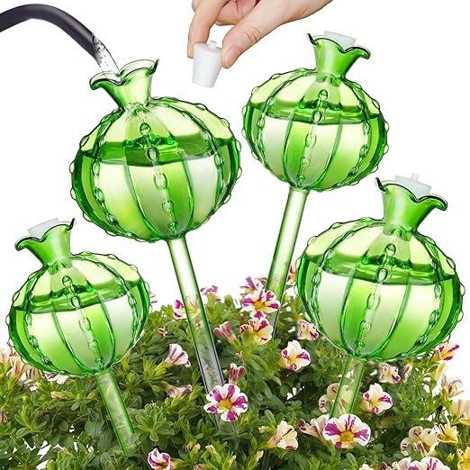 NiHome Plant Watering Globes 4-Pack (2 Small + 2 Large), Green Glass Cactus Self Watering Globe, Glass Waterer for Potted Plants, Automatic Mini Irrigation System, Adorable Gardening Tool