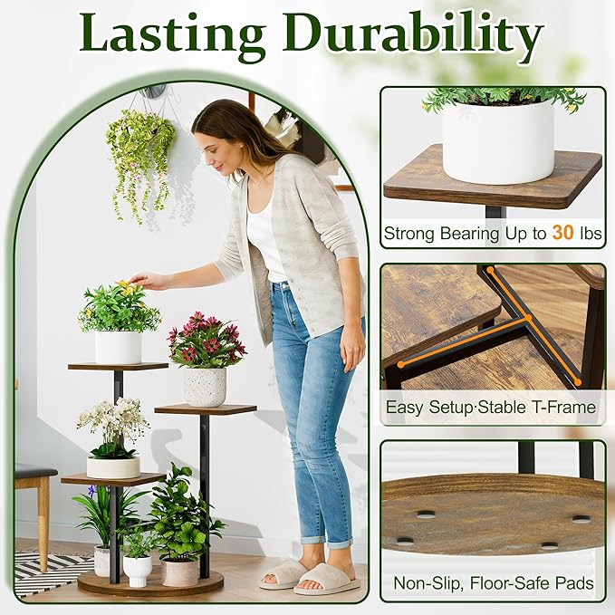 3 Tier Square Wood Plant Stand Indoor Outdoor, Wood Tall Plant Rack, Heavy Duty Wrought Iron Flower Pot Stand, Planter Display Rack for Living Room Balcony Garden Patio - BlackSquare