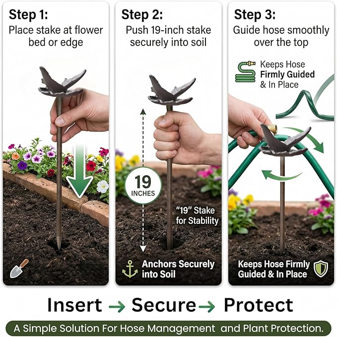 Carvers Olde Iron Decorative Garden Hose Guide Stake – 19" Solid Aluminum Heavy Duty Hose Protector for Landscaping, Flower Beds & Yard Edging - Butterfly