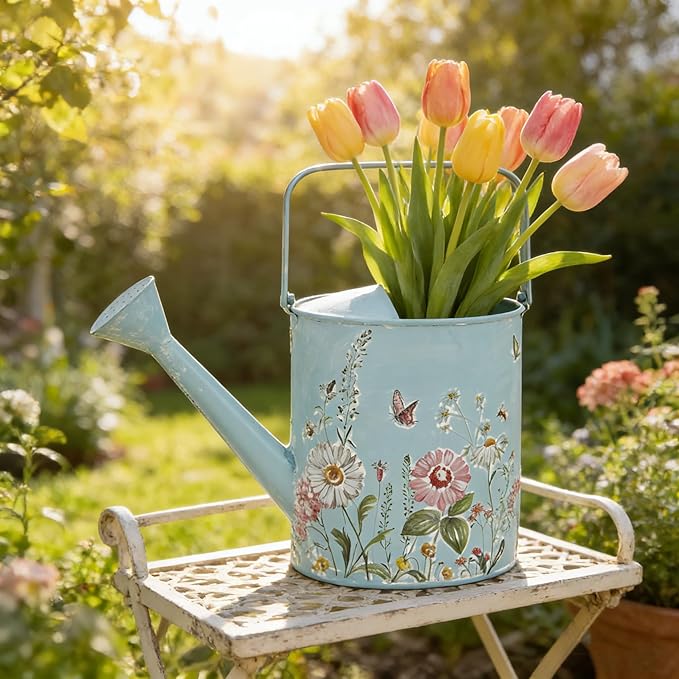 Vintage Floral Metal Watering Can for Indoor/Outdoor Plants, Blue Functional Garden Waterer with Long Spout, Garden Water Pot Rustic Decor for Home Garden Patio