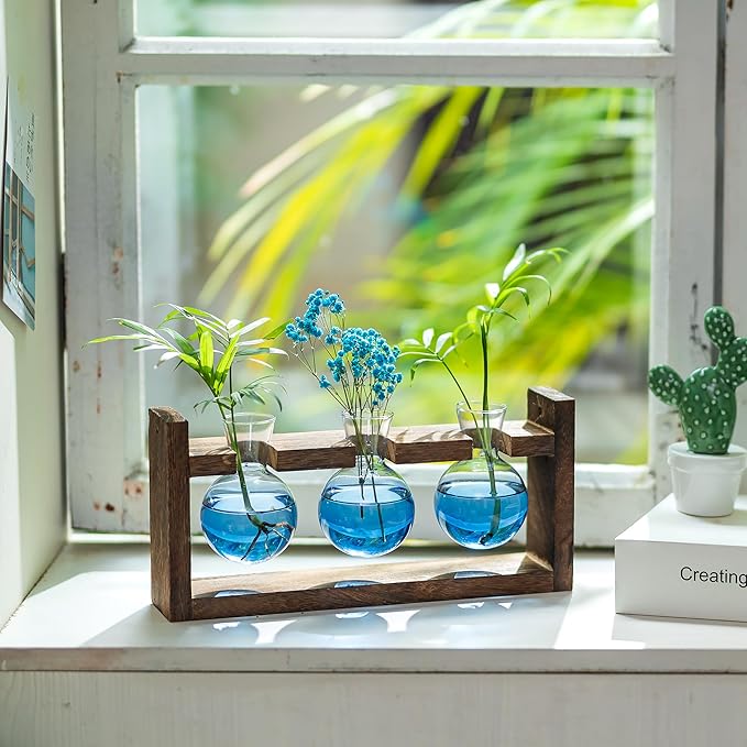 Plant Propagation Station with Wood Stand - Wall Glass Terrarium for Cuttings Air Plants Small Flower Pothos - Gift for Women Plant Lovers (Gradient Blue)