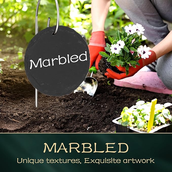 10-Pack Marble Circle Garden Markers,Weatherproof Metal Plant Labels Large Planting Seedling Stake Signs, for Seedlings Herbs Vegetable Greenhouse Gifts with White Marker Pen Labels