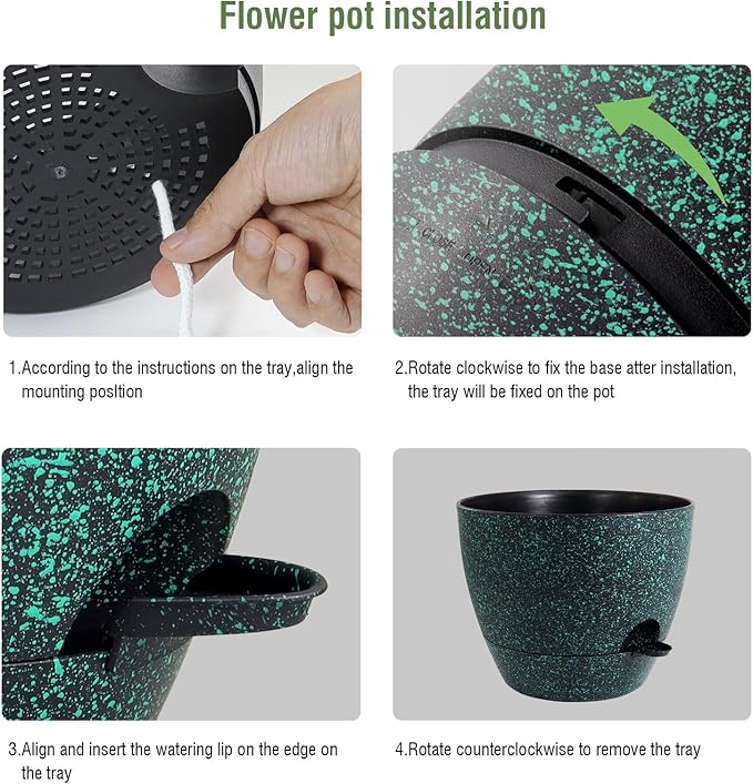 WSMKSZ 12 inch Large Self Watering Pots, Planter, Plant Pots with Mesh Drainage Holes for Indoor Outdoor House Plants and Garden, Plastic Flower Pots with Reservoir, Black with Green Speckles