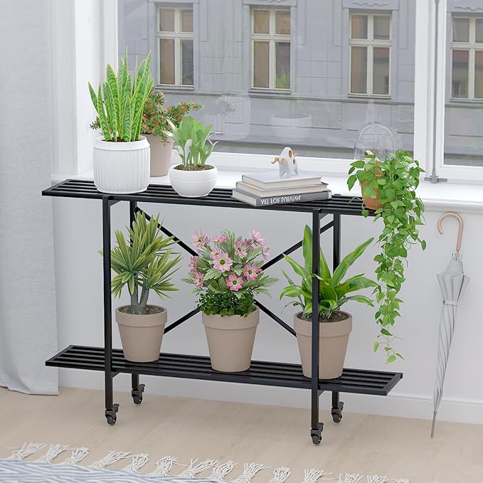 Zhongma 2 Tier Window Height Metal Sturdy Narrow Plant Stand with Wheels, Plant Stand Indoor and Outdoor, L45.67 x W10.3 x H29.9 inch, 440 LBS Capacity & Heavy Duty Construction.