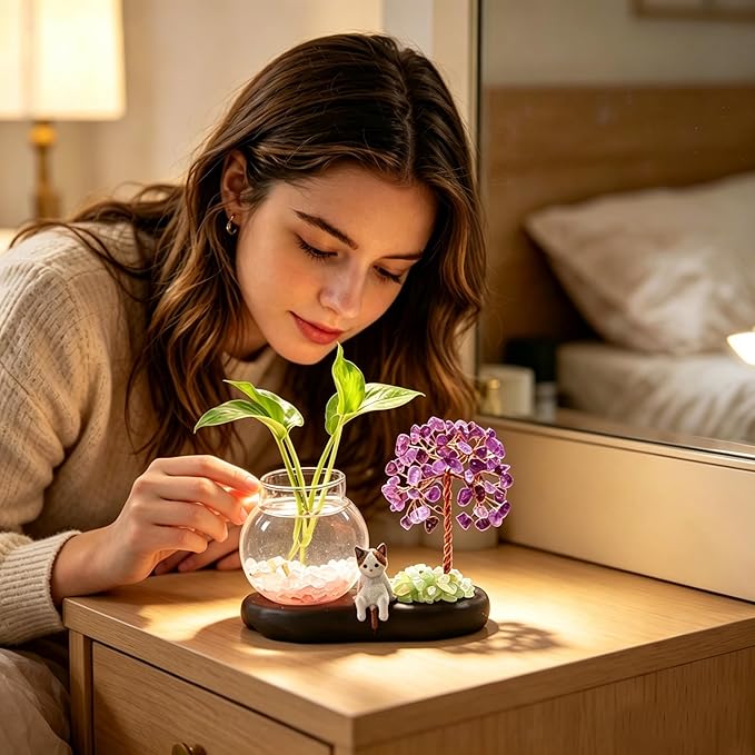 Plant Propagation Station, Amethyst Tree Hydroponic Glass Container Vase Jars with Cute Cat Figurine, Home Office Desks Aesthetic Decorations, Gift for Women Plant Lovers and Cat Lover