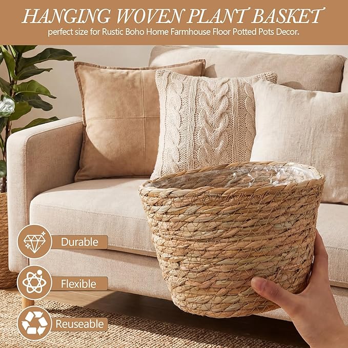 6 Pcs Seagrass Hanging Planter Basket Hand Woven Plant Basket with Plastic Liners Hanging Plant Holder Storage Containers with Cotton Rope for Indoor Garden Decor (Medium,Brown)