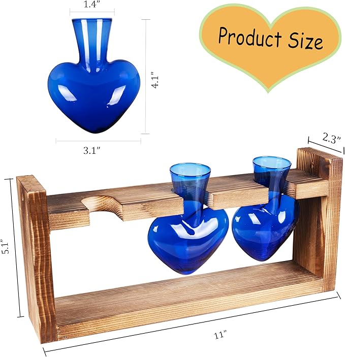 Kingbuy 3-Heart Plant Terrarium Kit with Vintage Wood Stand - Stained Glass Vase Propagation Station, Wall-Mounted & Tabletop Indoor Decor for Home Kitchen Wedding Gift, Blue