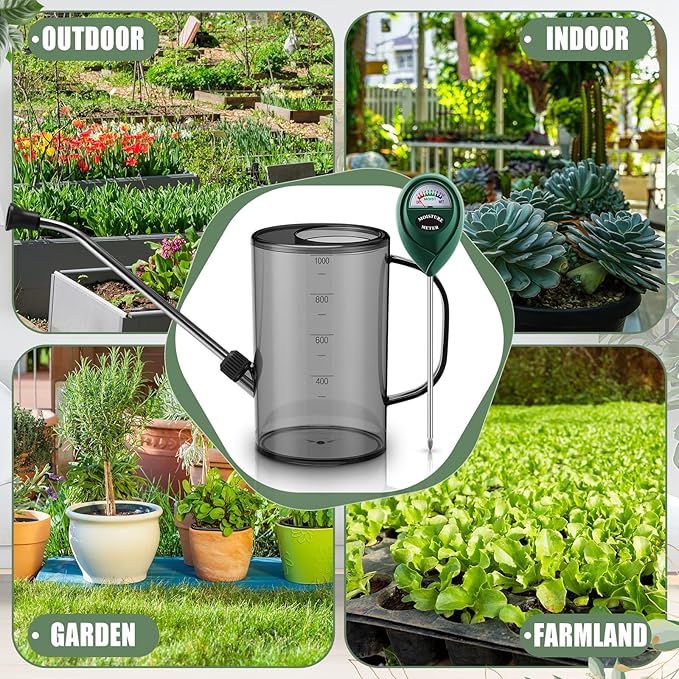 Indoor Plants Watering Can for Indoor Plants Long Probe Soil Moisture Meter Long Spout Watering Cans Water Monitor Indicator for Pot Flower House Gardening Farming(Gray,1 L,Cylindrical)