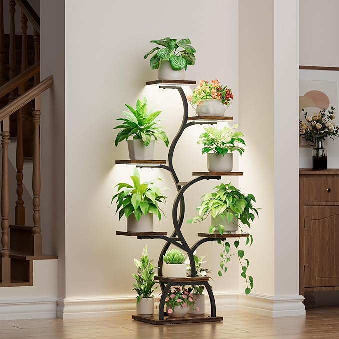 EVAWOO Plant Stand Indoor with Grow Light - 8 Tiered Plant Shelf Indoor, Corner Plant Stand, 49" Tall Plant Shelf with Lights for Indoor Growing, Lighted Flower Holder for Living Room, Balcony, Black