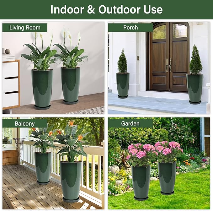 Neoaider Set of 2 Lightweight Ceramic-Look Tall Planter, 21 inch Large Plastic Planter with Drain Hole & Saucers, Large Outdoor Planters for Porch, Garden, Patio, Balcony(Dark Green)