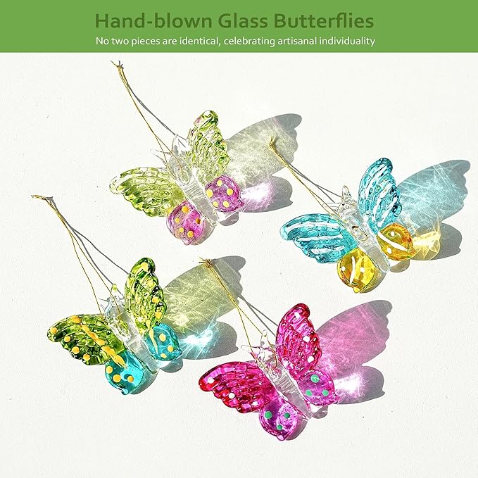 HDCRYSTALGIFTS 4 Pack Blown Glass Butterfly Decorative Garden Stakes,Colorful Butterflies with 13.5'' Tall Gold Plant Stakes for Outdoor Lawn Porch Pathway Patio Plant Pot Flower Bed