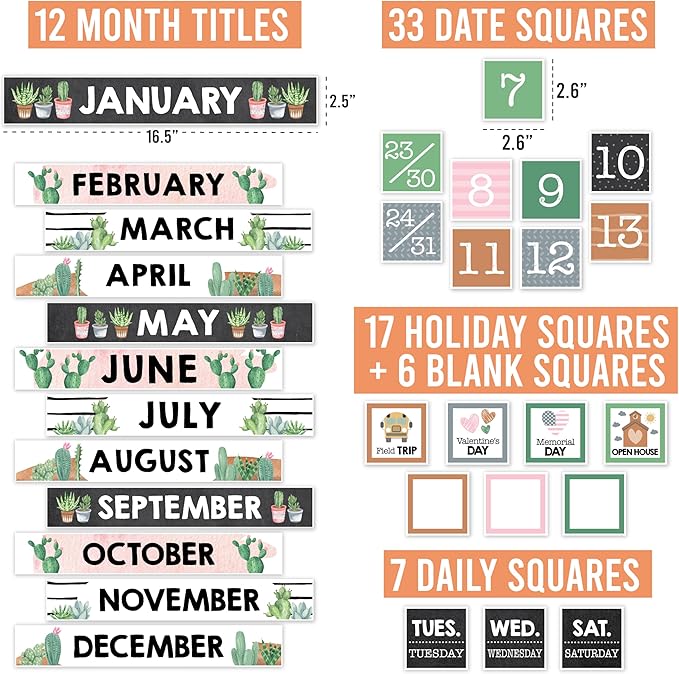 Hadley Designs Classroom Calendar Set Bulletin Board Decorations - Cactus School Calendar for Classroom Decor, Kindergarten Preschool Elementary Teacher Must Haves, Homeschool & Daycare Essentials