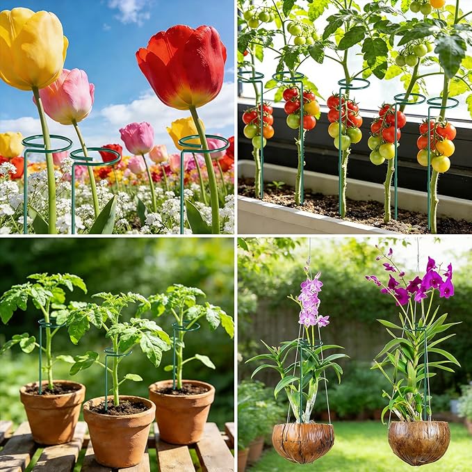 Unves 12 Pack Plant Stakes, 24 Inch Garden Plant Support Stakes, Green Single Stem Plant Cage for Outdoor & Indoor Plants Orchid, Tomatoes, Peony, Lily, Rose, Sapling with 100 Pcs Twist Ties