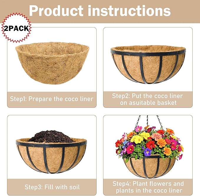 2 Pack 12 inch Metal Hanging Planters Basket Set Round Wire Plant Holder with Coco Fiber Liners Chain Indoor Outdoor Hanging Baskets for Garden Balcony Patio Deck Porch Vegetables Flower Plants