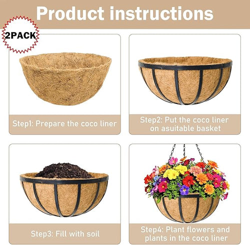 2 Pack 12 inch Metal Hanging Planters Basket Set Round Wire Plant Holder with Coco Fiber Liners Chain Indoor Outdoor Hanging Baskets for Garden Balcony Patio Deck Porch Vegetables Flower Plants