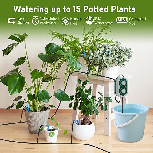 WIOR Automatic Plant Waterer Drip Irrigation System Kit for 15 Potted Plants, Indoor Self Watering System Plant Watering Devices with Programmable Water Timer for Garden Balcony Greenhouse Vacation