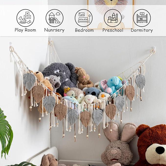 Pretty Jolly Macrame Stuffed Animal Hammock with Beads Hand Woven Leaf Tassels Corner Hanging Net Boho Plush Holder for Tosy Kid Room Nursery Decor Organizer for Girls Gift(Sage Green&Avocado Green)