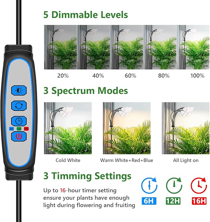 Wolezek Grow Lights for Indoor Plants Full Spectrum with Stand, 5-Head 120 LEDs Floor Plant Grow Lamp for Large Plants, Auto ON/Off Timer 6/12/16H, 5 Dimmable Levels, Adjustable Height 16.5"-61"
