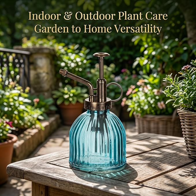 Topadorn Blue Glass Plant Mister Spray Bottle - Mini Vintage Watering Can with Pump for Indoor Plants & Succulents