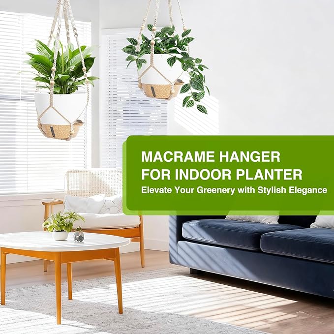 LEWESU Set of 2 Hanging Planters for Indoor Plants with Self Watering Includes Hanging Pots and 2 Types Plant Hangers, Outdoor Hanging Baskets Holder for Home Garden, 10 Inch Oyster White