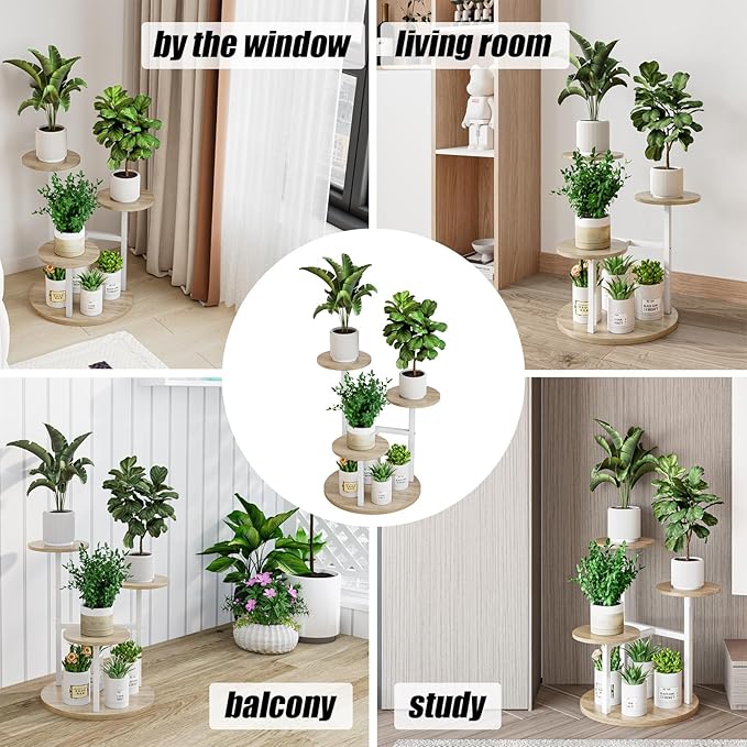 INGIORDAR Plant Stand Indoor Outdoor Corner Plant Shelf for Multiple Flower Pots Flower Stand Holder for Patio Garden Balcony Living Room (White+Sonoma Oak, 4 Tier)