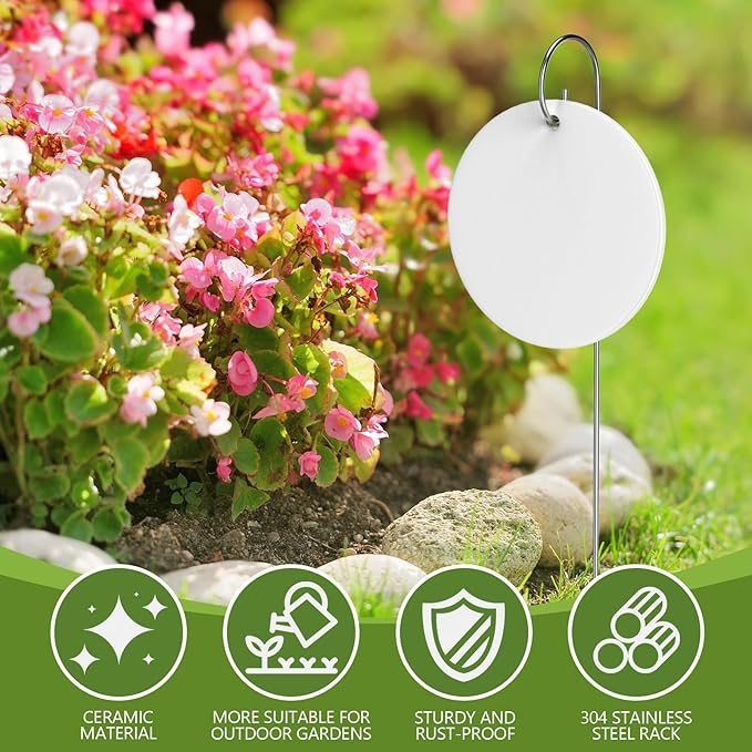 CroBlissful 12 Pcs Plant Labels Ceramic Garden Sign Markers 3 Inch Round Garden Labels Reusable Waterproof Ceramic Plant Sign Tags with Stainless Steel Stake and Pen for Flower Vegetable Potted Plant