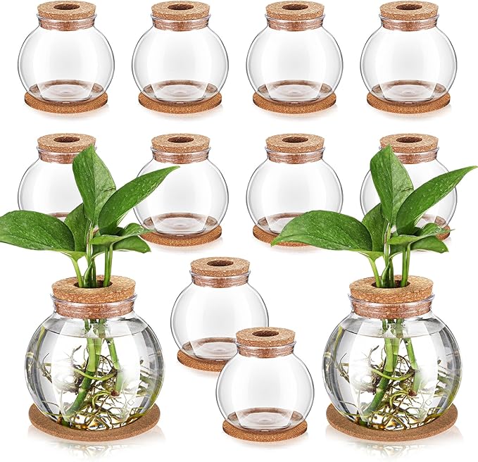 Baderke 12 Packs Propagation Vases for Plants Plastic Plant Propagation Station with Hole Lid and Cork Coasters Plant Growing in Water Hydroponic Home Office Table Decoration(Fish Bowl Style)
